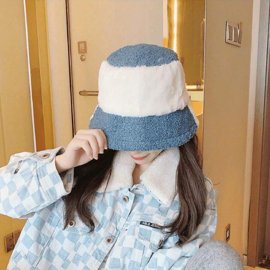 Colorblock Bucket Hat, Fashionable & Fresh, Thermal Lined, Breathable, Warm, Suitable For Autumn/Winter, Large Head Circumference, Flattering - Multicolor - View 1