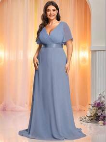 EVERPRETTY Plus Size Elegant V-Neck Ruched Bust Gray-Blue Bridesmaid Dress, Wedding Guest Formal Dress - Dusty Blue - View 7