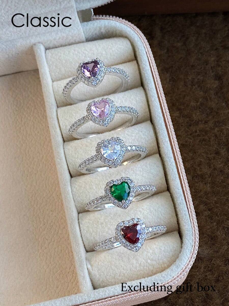 5pcs Luxury Elegant Cubic Zirconia Heart Design Adjustable Rings Set, Suitable For Party, Engagement, Bride, Date (No Gift Box)