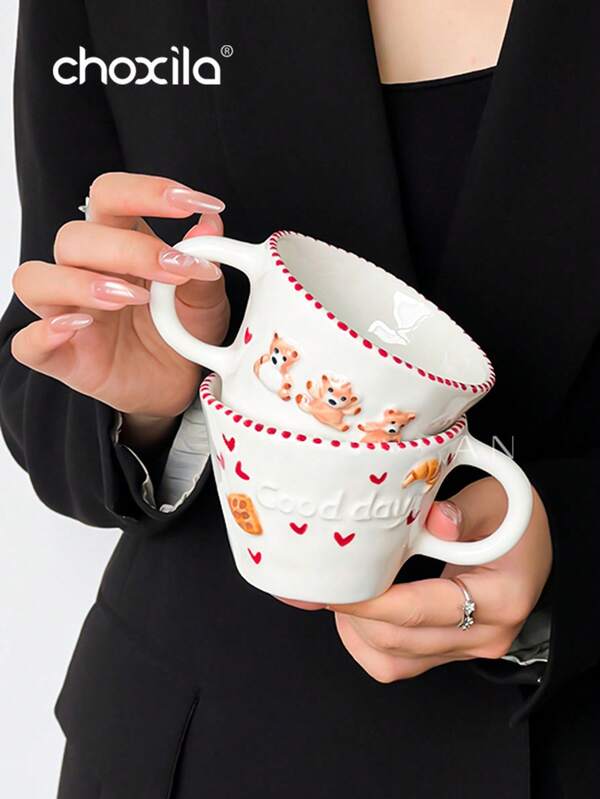 1pc Cartoon Bear Design Ceramic Coffee Cup, Triangle Bread Pattern, Espresso Cup, One Cup Coffee, Saudi Coffee Cup, Couple Cup, Milk Cup, Embossed Pattern Design. Suitable For: Afternoon Tea, Bedroom, Living Room, Office, Gift For Friends/Couples, Family Gathering, Camping, Hotel