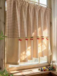 1件乡村风格格子拼接咖啡帘帘幔 - 米色格子图案，柔软亚麻面料，红色樱桃装饰，四季皆宜，复古农舍风格短款咖啡帘，适用于客厅、厨房、浴室窗户装饰 - 米色 - 查看 9