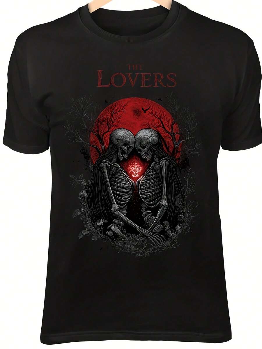 Occult The Lovers Shirt - Skeleton Embrace & Entwined Dark Wings Design,This Fun Printed Casual T-Shirt Is The Perfect Gift For Valentine's Day/Christmas - 款式21 - 查看 1