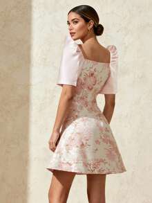 Amyenjoylife Modern Filipino Traditional Dress, Elegant Butterfly Sleeve Filipino Traditional Dress, Women's Romantic Jacquard Puff Sleeve Short Sleeve Dress, Pink Dress - Pink - View 2