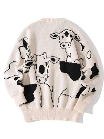 Suéter con estampado clásico de vaca, holgado y casual, cuello redondo, manga larga, para otoño/invierno, unisex
