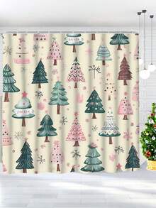 1/4 Piezas Juego de cortina de baño minimalista de árbol de Navidad y copos de nieve de invierno en color verde, de poliéster impermeable y lavable a máquina, adecuado para decorar el baño o la ducha en Navidad, incluye 12 ganchos, alfombra antideslizante y tapa de inodoro con forma de U