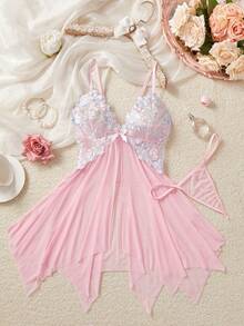 ROMWE Kawaii Explore The Enchanting Middle East! Light Purple Embroidered Sheer Nightgown, Lightly Wraps Your Alluring Figure, Sexy Asymmetric/Asymmetrical Embroidered Thong - Pink - View 3