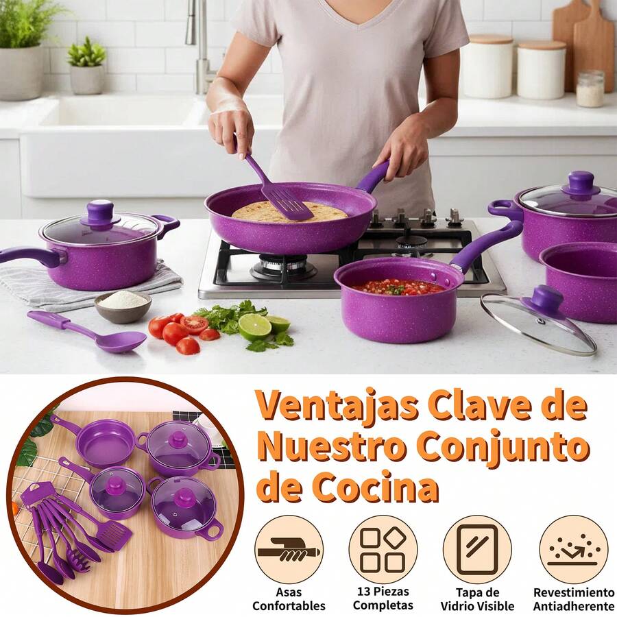 13 Piezas Set Antiadherente Púrpura Resistente al Calor Fácil de Limpiar Hogar Mexicano - Multicolor - Ver 1