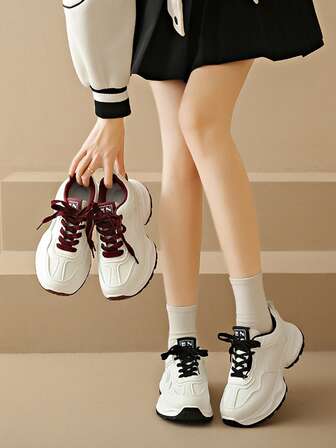 Women's White Leather Platform Sneakers - Thick Sole Low-Top Lace-Up Fashion Sneakers
