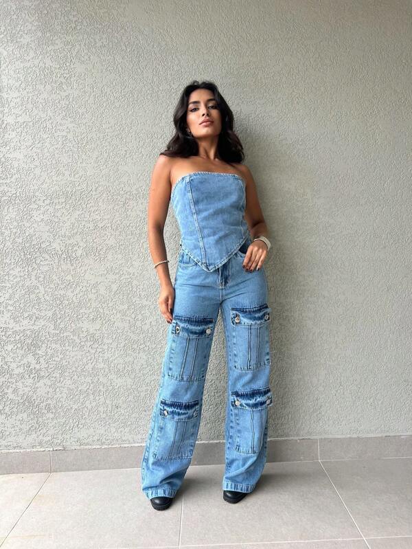 kissmelady 3023+3027 Conjunto jeans  top cropped com calca cargo Conjunto Feminino  Verão colete Cropped