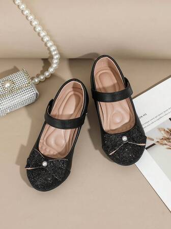 1 par de zapatos elegantes dorados para niñas con decoración de lazo, adecuados para fiestas y uso diario, ideales para niñas