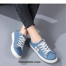 女士帆布鞋，低帮，厚底，休闲步行鞋，经典舒适平底时尚运动鞋 - 加厚藍色 - 查看 6