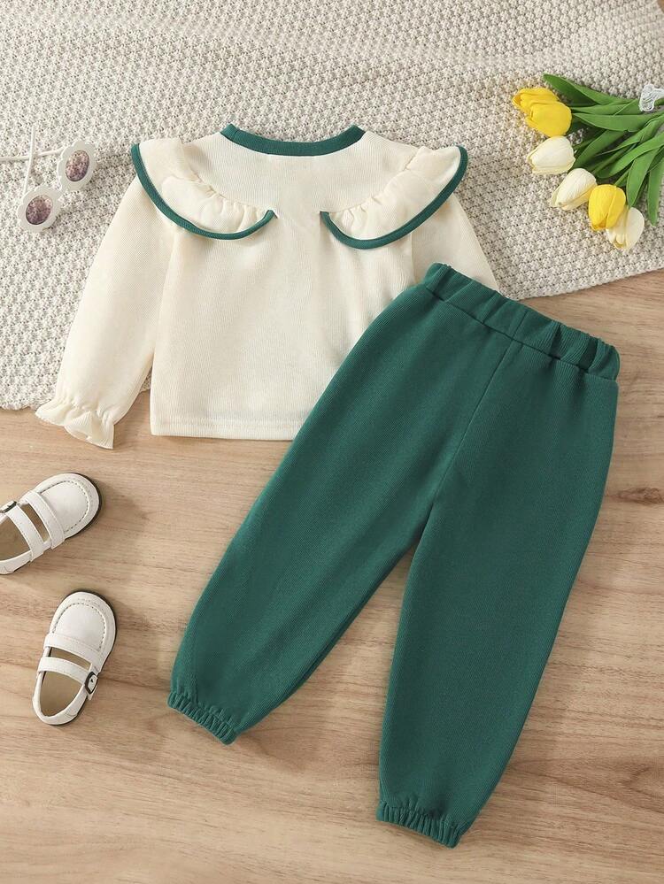 2pcs/Set Young Girls Casual Contrast Color Ruffle Bow Decor Top And Pants Set, Autumn/Winter - Green - View 2