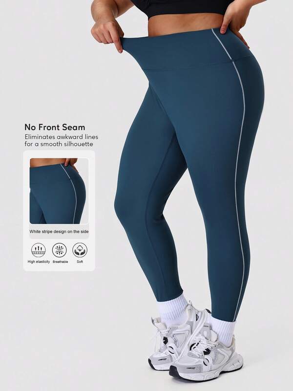 Sodalemon Plus Size Women Contrast Color Elastic Tight Leggings, Casual Outdoor Training Fitness Seamless Sports Yoga Pants