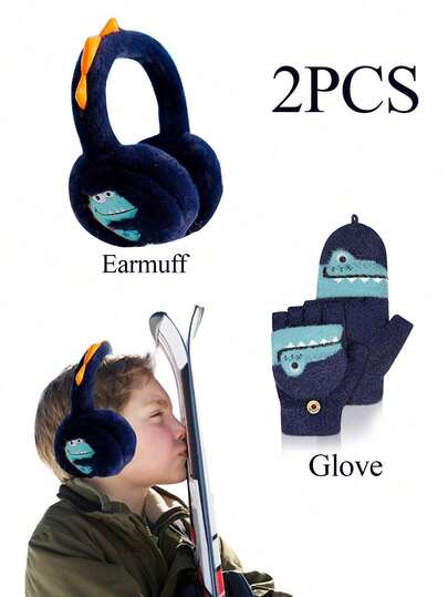2pcs Cartoon Dinosaur Plush Earmuff Gloves Set, Winter Outdoor Cold Protection Ear Cover, Flip-Up Half-Finger Gloves, Suitable For Boys And Girls