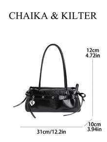 CHAIKA & KILTER 女士纯色PU皮革单肩包，复古时尚法棍包款式，双提手设计，拉链封口，饰有肩带，配有可拆卸可调节肩带，可单肩背或斜挎，适合日常及户外使用。 - 黑色 - 查看 3