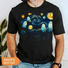 Cute Ghost Starry Night Halloween Spooky R Van Gogh Art T-Shirt220g M-En's Cotton T-Shirt - 220 Gram FabricSuitable For All People, Whether WoM-En Or M-Enhigh-Quality Durable Fabric Suitable For All Seans,Ft To The Touch But Built To LastBreathabletops WoM.En Fall OutfiT.S For WoM.En VaC.Ation OutfiT.S WoM.En Halloween Costume - Black - View 1