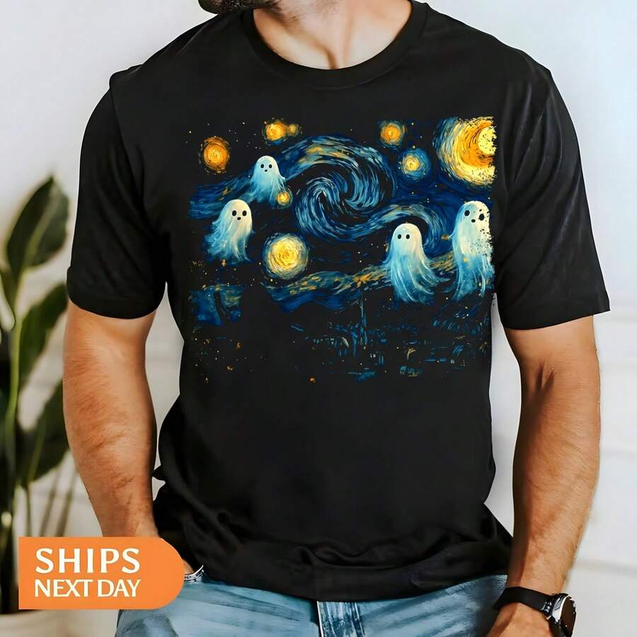 Cute Ghost Starry Night Halloween Spooky R Van Gogh Art T-Shirt220g M-En's Cotton T-Shirt - 220 Gram FabricSuitable For All People, Whether WoM-En Or M-Enhigh-Quality Durable Fabric Suitable For All Seans,Ft To The Touch But Built To LastBreathabletops WoM.En Fall OutfiT.S For WoM.En VaC.Ation OutfiT.S WoM.En Halloween Costume - Black - View 1