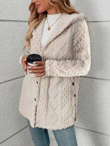 Long Solid Color Diamond Pattern Fleece Front Button Cardigan, Everyday Wear, Autumn/Winter - Rice Apricot - View 5
