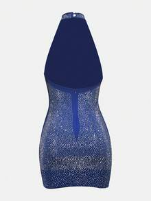 1pc Rhinestone Halter Mini Sexy Bodycon Dress - Blue - View 2