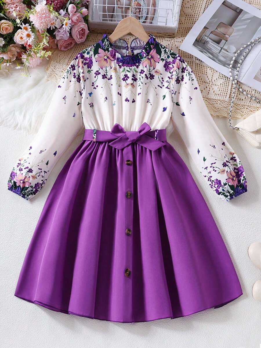 Váy hoa nhỏ thanh lịch dành cho bé gái, phù hợp cho mùa xuân và mùa thu - Màu tím - Xem 1