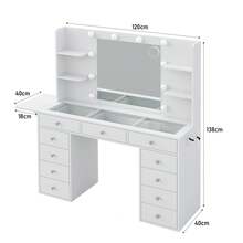 Yanosaku White Vanity Desk With Mirror & 12 LED Lights, 11 Drawers, 4 Shelves & Fold-Up Panel, Power Outlets, 3 Lighting Modes Adjustable, Ideal Gift For Mom, Daughter Or Family - Xem 2