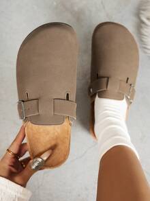 女士休闲纯色绒面革一脚蹬穆勒拖鞋，有保暖内衬和非保暖内衬版本 - 深棕色1 - 查看 5