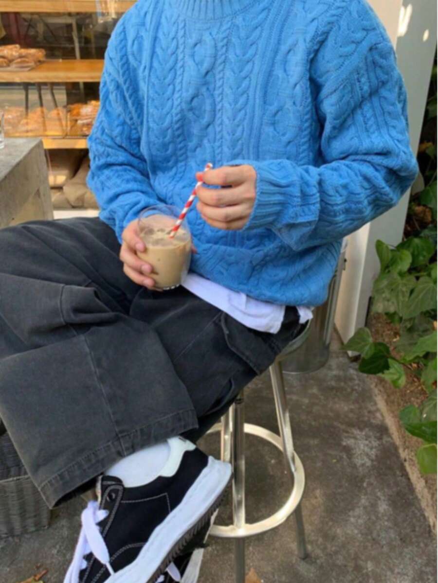 Men's Textured Crew Neck Long Sleeve Casual Loose Pullover Sweater, Versatile For Daily Wear, Autumn/Winter - Royal Blue - View 1