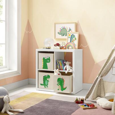 3 Cajas de Almacenamiento de Niños, Juego de Organizadores de Juguetes 30 x 30 x 30 cm, Cubos Plegables con Asas, para Dormitorio, Sala de Juegos, Patrones de Dinosaurios, Beige