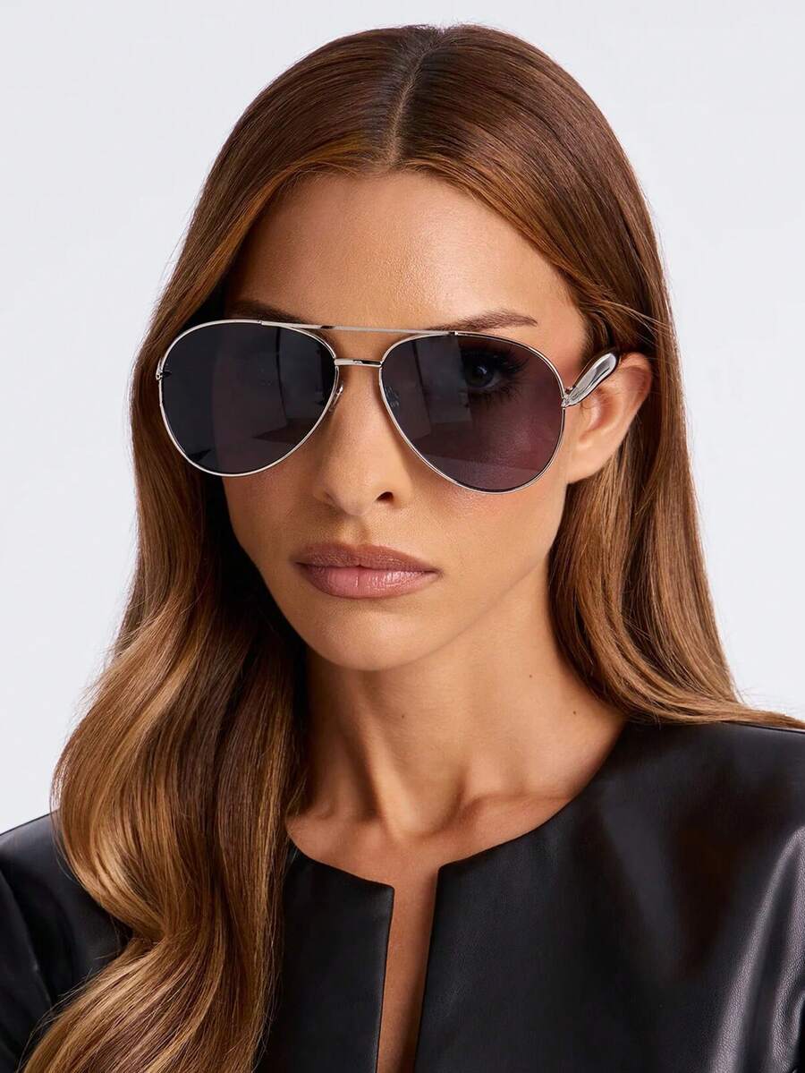 1副女士银色飞行员金属框复古双梁休闲街头风度假时尚眼镜 - 銀色 - 查看 1