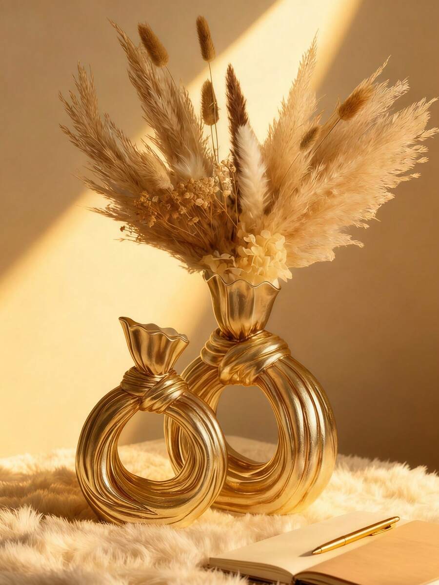 1件金色樹脂鏤空花瓶，現代奢華裝飾花瓶，適用於蘆葦草、乾燥花與人造花卉布置，優雅客廳、玄關玄關桌、書架、臥室桌面中心裝飾 - 彩色 - 查看 1
