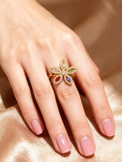 1pc Adjustable Multi-Color Flower Shaped Plated Gold Ring, Elegant Middle Eastern Fashion Suitable For Women, Daily Wear, Wedding, Party, Travel, Eid Al-Fitr & Eid Al-Adha Gift