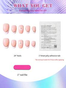 24片装短款椭圆形可爱蝴蝶结美甲贴纸，带闪光设计，白色法式美甲贴片，短款完美贴合，亚克力假指甲套装包含：1片果冻胶和1个指甲锉，非常适合情人节美甲和法式美甲，适合女性和女孩日常及派对使用。 - 彩色 - 查看 2