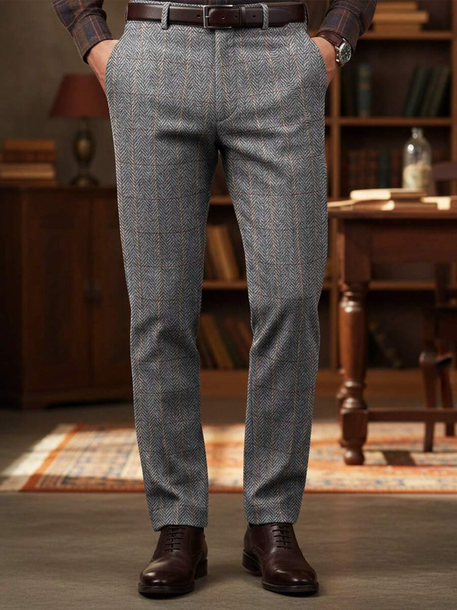 Men's Dress Pants Herringbone Vintage Plaid Classic Fit Siut Separates Slim Stylish Wool Casual Business Suit Pants - 灰色 - 查看 1