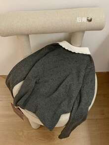 Áo khoác cardigan dệt kim cổ Peter Pan phối màu tương phản dễ thương, tươi mới, thích hợp cho ngày Valentine, dành cho nữ, mùa Đông/Xuân. - Xám - Xem 7