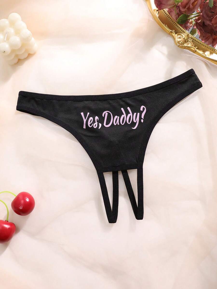 Women's Letter Print Sexy Thong Panties - Black - View 1