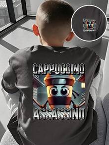 Young Boy Cartoon Print Short Sleeve T-Shirt - Dark Grey - View 1