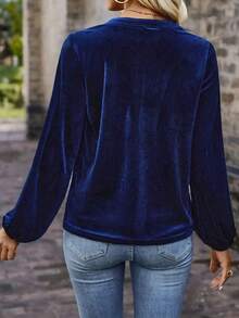 New Plus Size V-Neck Solid Color Casual Commuter Button-Up Long Sleeve Blouse For Women, Autumn/Winter - 藏青色 - 查看 4