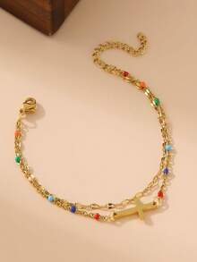 1 pieza Elegante pulsera minimalista con hebilla de herradura y corazón cruzado en capas, resistente al color, adecuada para todas las ocasiones