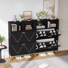 Shoe Cabinet With 4 Drop-Down Doors, Entryway Shoe Cabinet With 8 Shelves, Cabinet With 4 Semi-Open Shelves, Living Room Cabinet, Raised Table Legs, MDF And Metal - Black - View 1