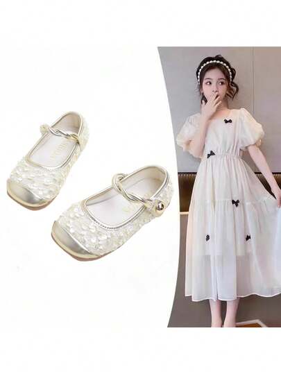 1 Pair Cute, Sweet, Elegant Sequin Patchwork Mary Jane Flat Shoes For Girls, Suitable For School, Commuting, All Seasons
