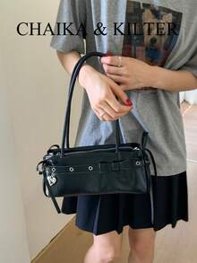 CHAIKA & KILTER 女士纯色PU皮革单肩包，复古时尚法棍包款式，双提手设计，拉链封口，饰有肩带，配有可拆卸可调节肩带，可单肩背或斜挎，适合日常及户外使用。 - 黑色 - 查看 5