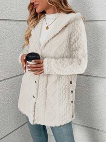 长款纯色钻石纹柔软羊毛前扣开衫，日常穿着，秋冬 - 白色 - 查看 5