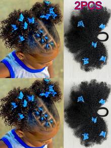 Kids Ponytail With Butterfly Clip Afro Puff Soft Marley Kinky Bulk For Hair Girl With Elastic 2pcs