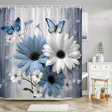 1Pc Blue And White Floral Butterfly Shower Curtain - Durable Polyester Fabric, Featuring An Elegant Natural Design With Bright Flowers And Soft Gray Backgrounds, The Butterfly Patterns Fluttering Among Flowers Add A Lively Touch, Comes With 10 Hooks, Easy To Clean, Perfect For Bathroom Decor.