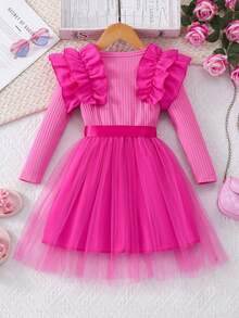 女童长袖圆领荷叶边罗纹撞色网纱连衣裙，甜美可爱，适合秋冬季节穿着。 - 玫紅色 - 查看 2