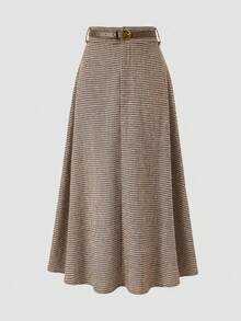 EARO 女士时尚千鸟格百搭优雅宽松A字裙 - 深咖 - 查看 1