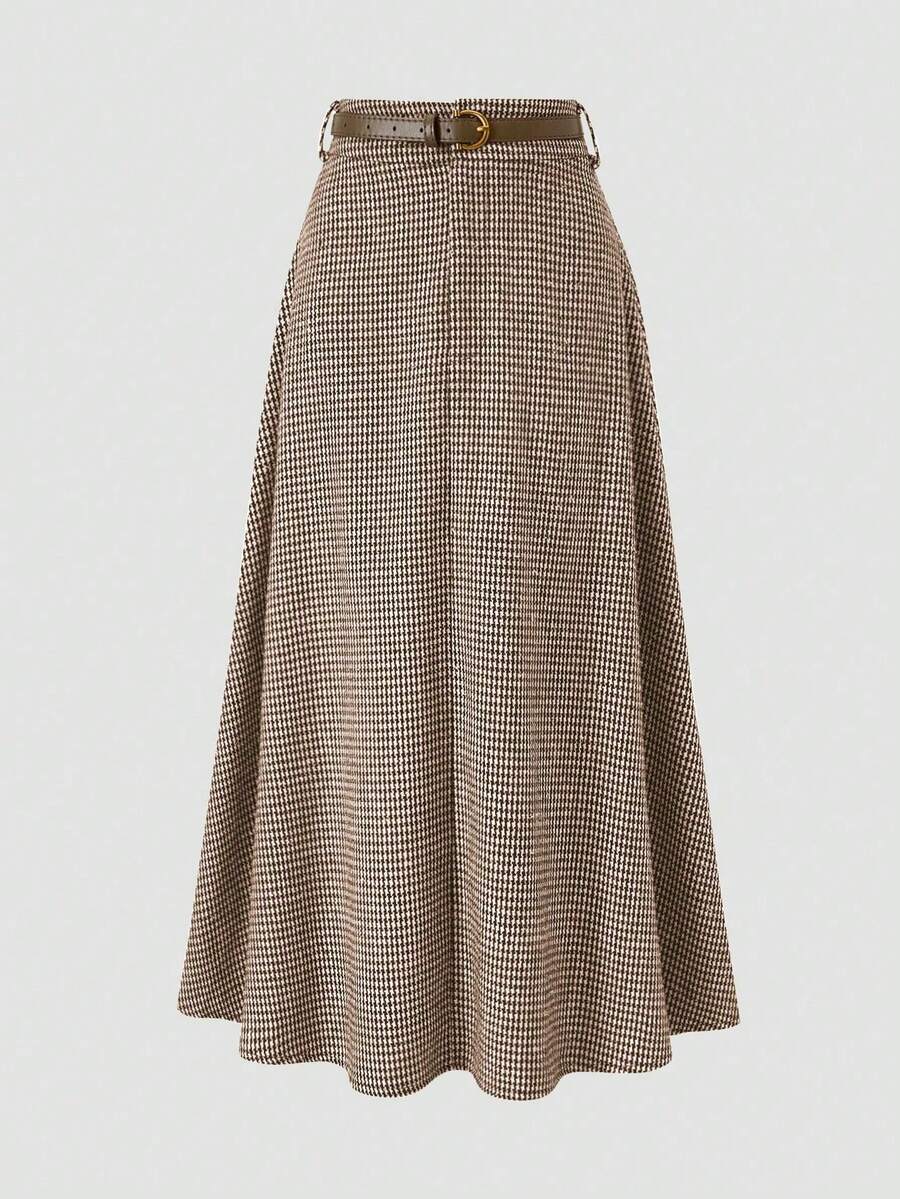 EARO 女士时尚千鸟格百搭优雅宽松A字裙 - 深咖 - 查看 1