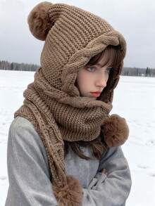 女士围巾连帽款，多功能秋冬针织帽，带可爱毛球，保暖耳罩，厚实保暖