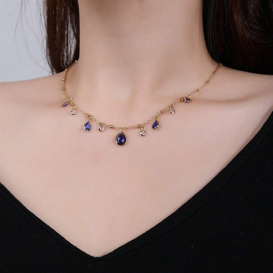 1 chiếc dây chuyền mặt dây hình giọt nước màu xanh dương thanh lịch, mạ vàng 18K trên chất liệu đồng, thời trang và đa năng, thích hợp đeo hàng ngày, tinh tế và ngọt ngào. - Vàng - Xem 1