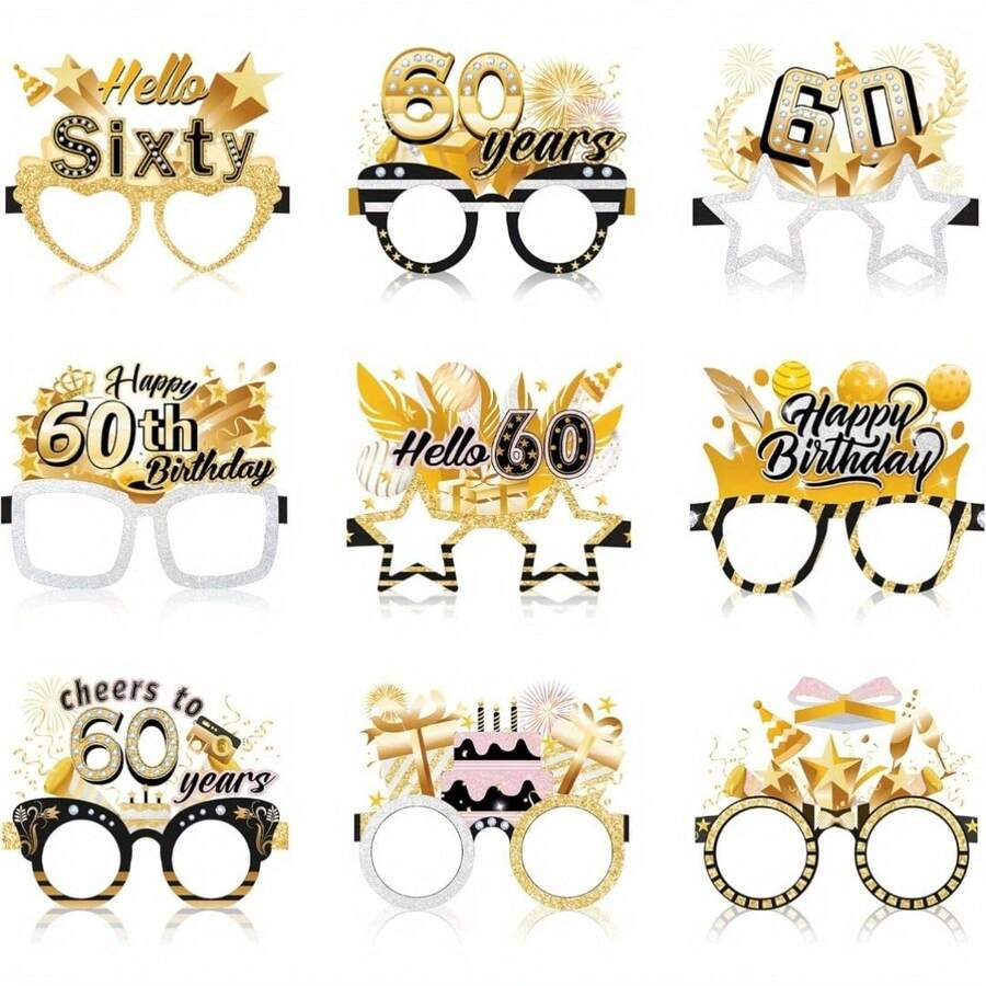 9pcs 60th Birthday Paper Cups, Unisex, 60th Birthday Photo Props Party Supplies, "Hello 60, Cheers To 60 Years" 60th Birthday Party Favors - Black - View 1